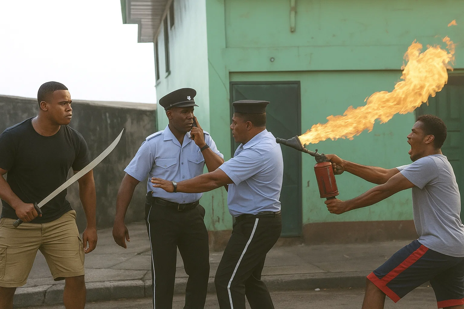 Domincans: man with a black shirt and cutlass the other witha flame thrower with 2 police in the middle trying to defend themselves and stop the fight
