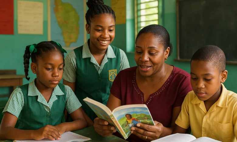 Teacher Reading Primary School Book with 3 Students as they listen in the classroom