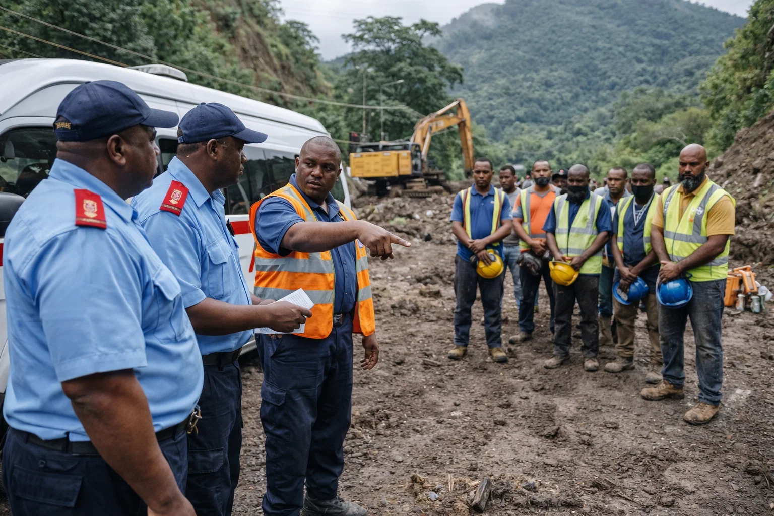 Work site Accident Response from Dominica Ambdulance with Team assessing situation in Roseau Valley as Workers Look on
