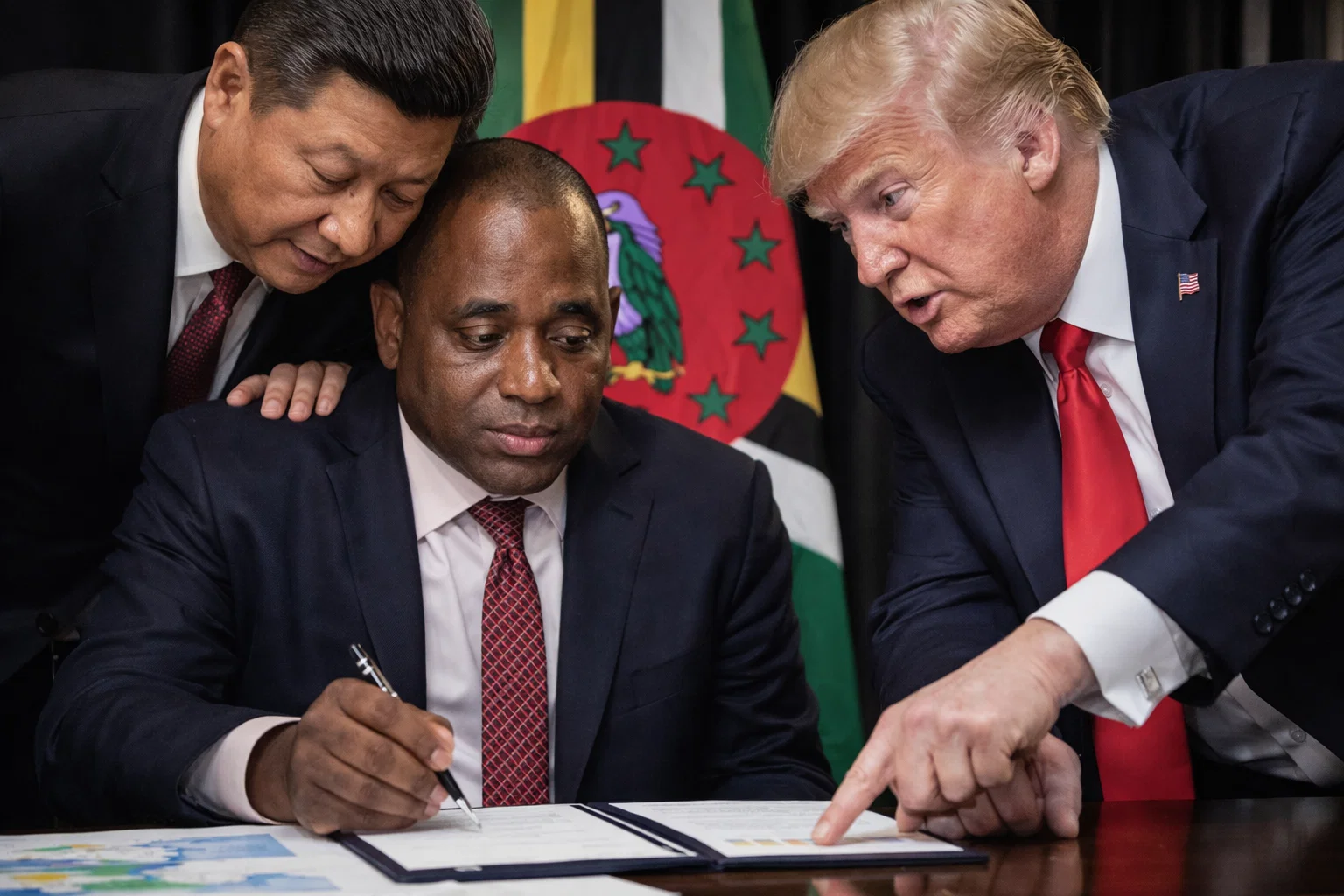 Prime Minister Roosevelt Skerrit positioned between Xi Jinping and Donald Trump