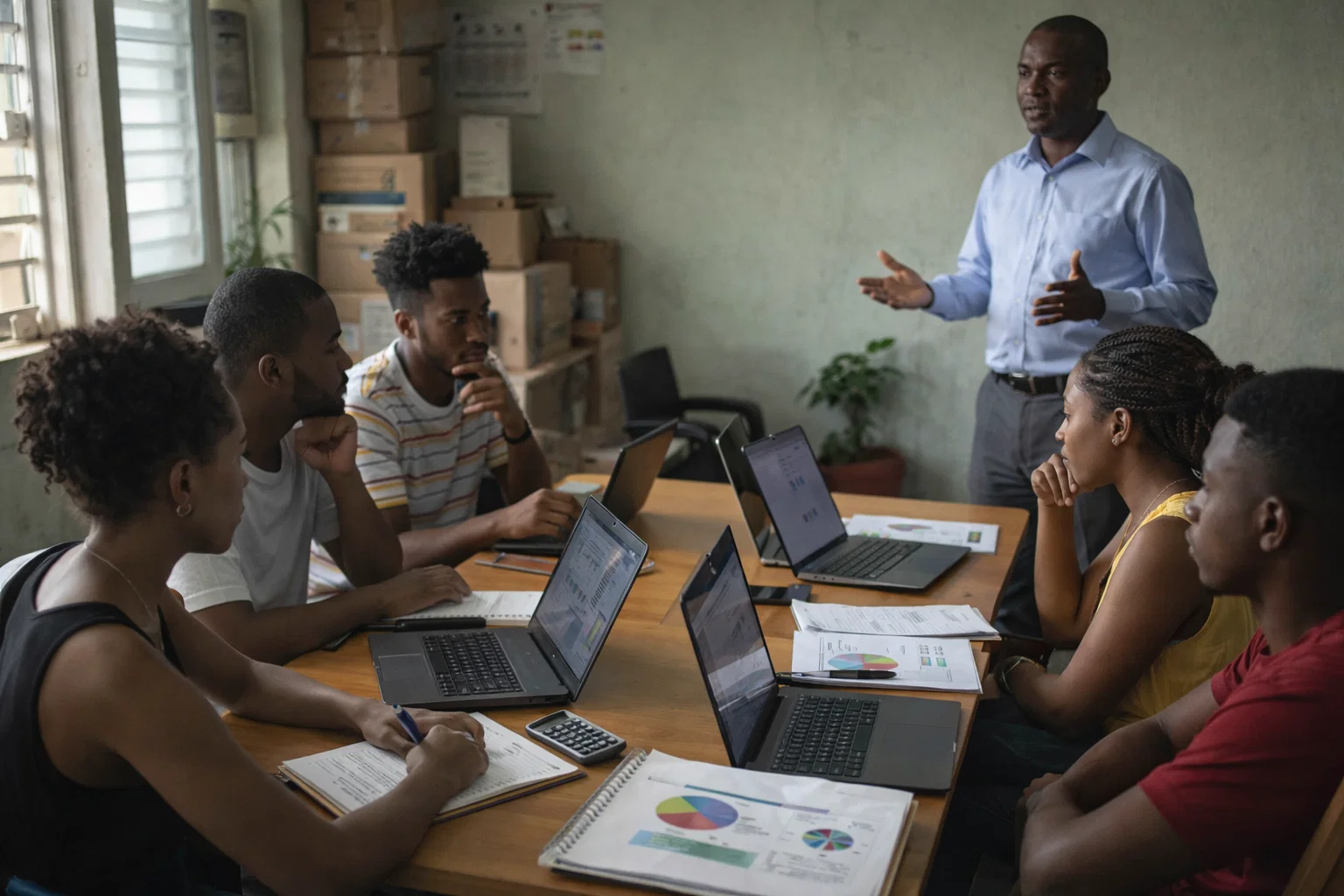 Young entrepreneurs in Dominica listening as a government official outlines changes to the Dominica Youth Business Trust, reflecting cautious optimism about new access to financing.