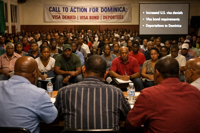 Dominicans gathered in a public hall responding to visa denials visa bond requirements and deportations