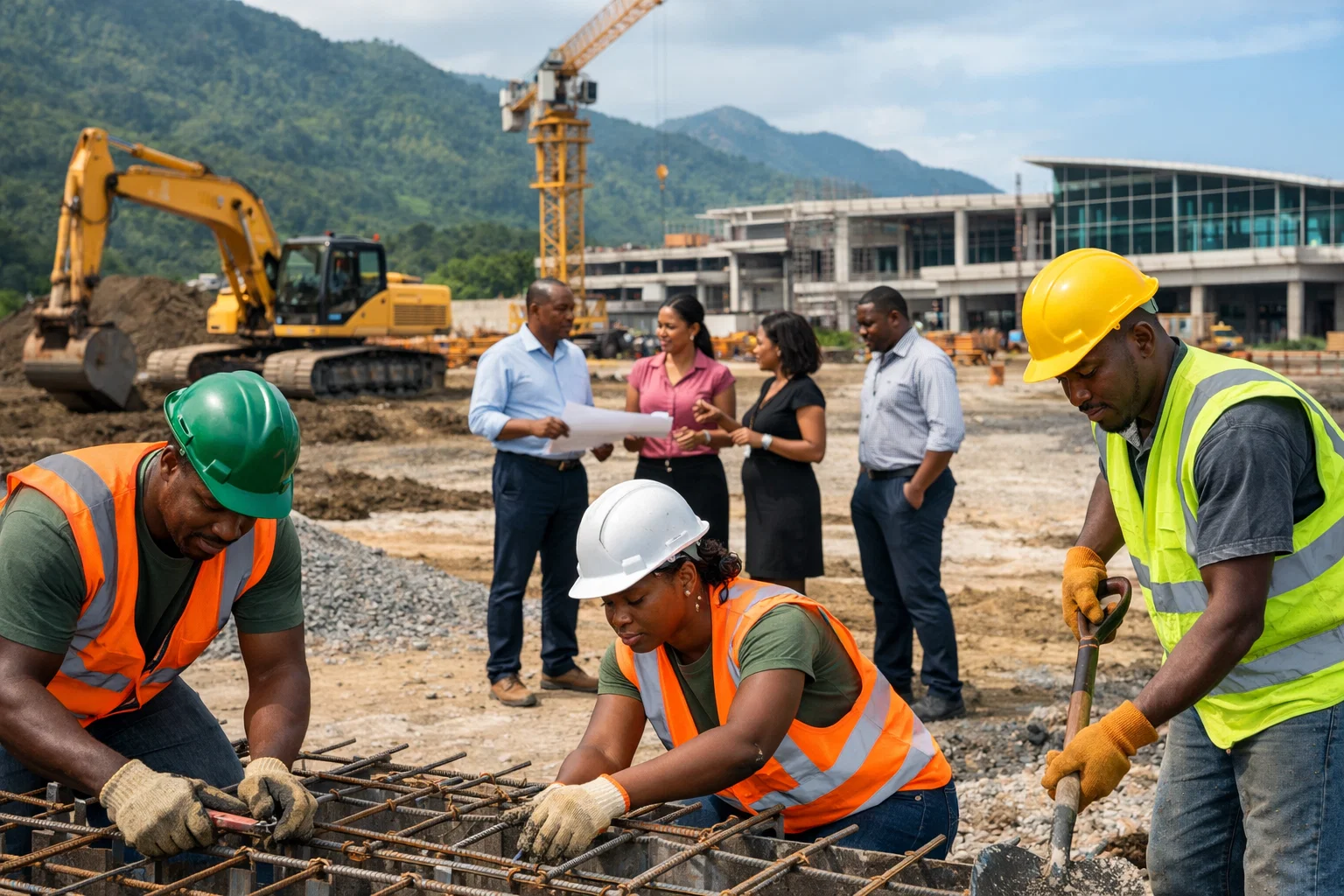 Dominican construction workers at the international airport site with local entrepreneurs discussing business opportunities nearby