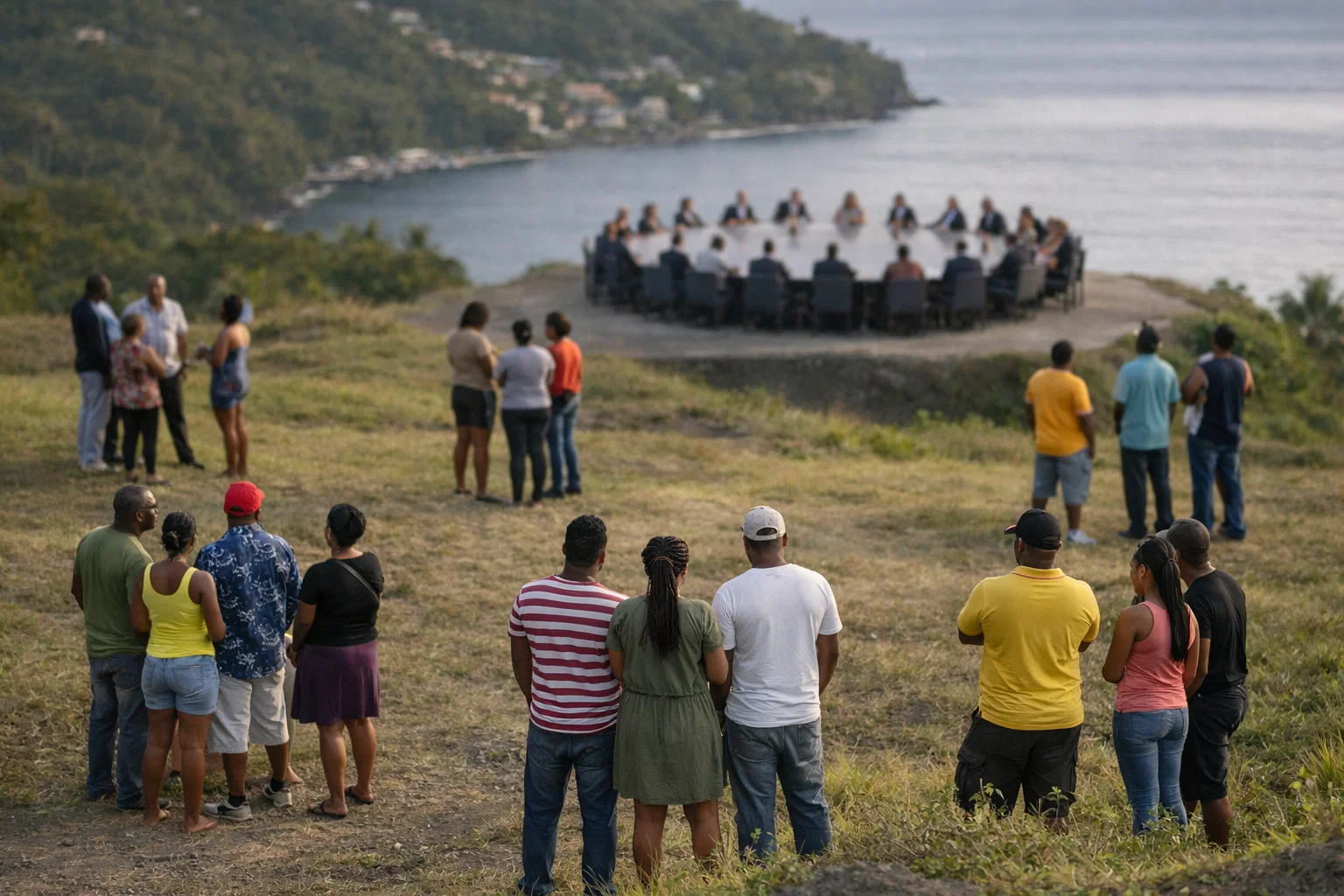 Groups in Dominica standing apart while an international negotiating table remains distant and attended