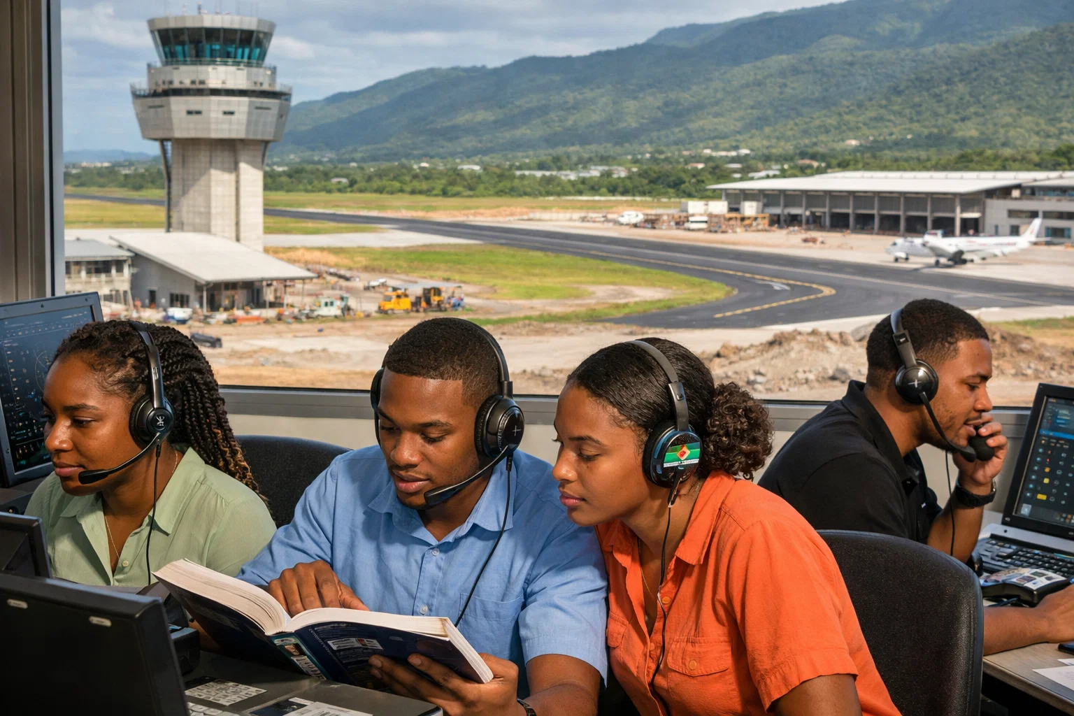 Air traffic control trainees in Dominica training as the international airport runway and tower appear in the background