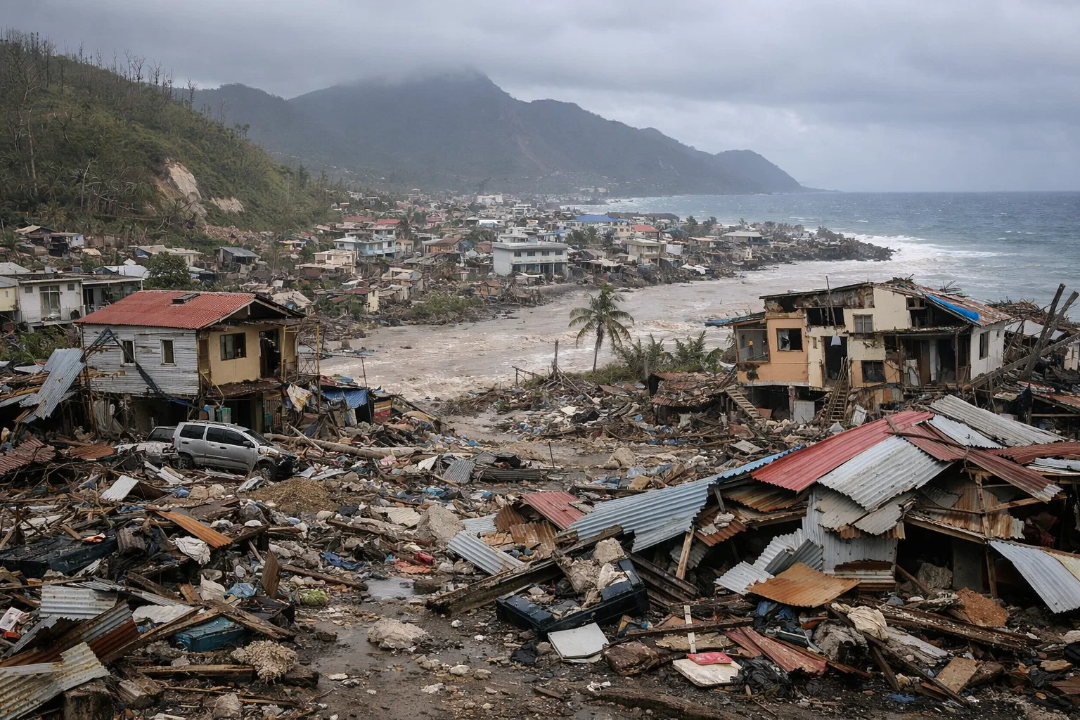 Hurricane Damages Village in Dominica - total Destruction