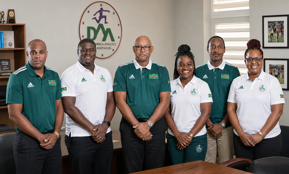 Dominica Athletics Association executive members Brendan Williams, Walson Pacquette, Phillip White, Jermasha Mellow, Felicien Antoine, and Judy Larocque standing together for the 2026 to 2030 term.