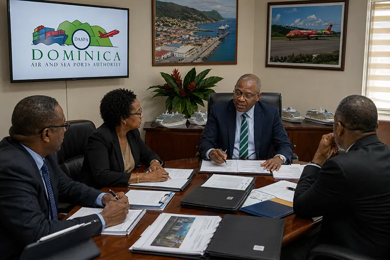 DASPA board officials reviewing leadership transition documents in a formal meeting room with the Dominica Air and Sea Ports Authority logo displayed.