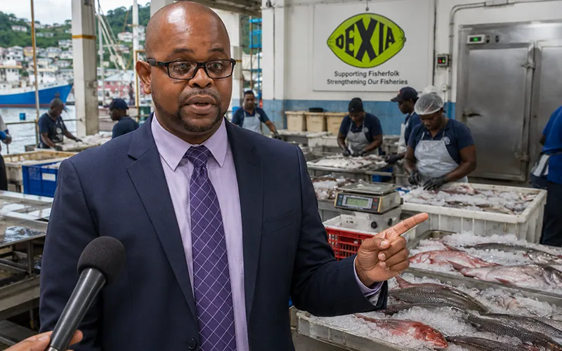 Dominican minister being interviewed in front of a fisheries facility while pointing to fish handling and refrigeration activity in the background.