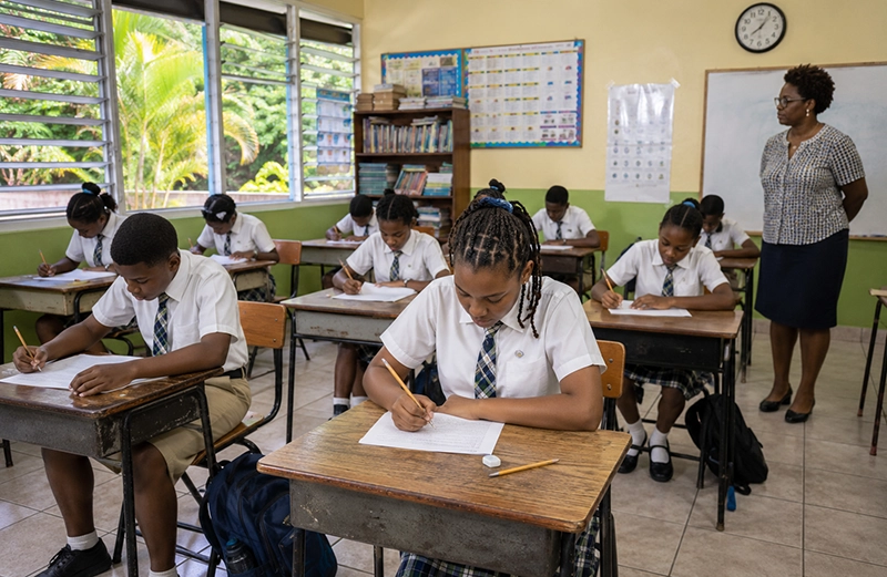 Grade Six students in Dominica sit quietly at individual desks taking a national assessment exam while a teacher supervises the classroom.