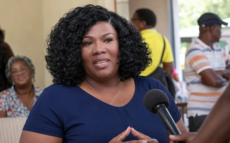 Joann Green being interviewed in Dominica about her appointment as the United Progressive Party (UPP) caretaker for the Roseau North constituency.