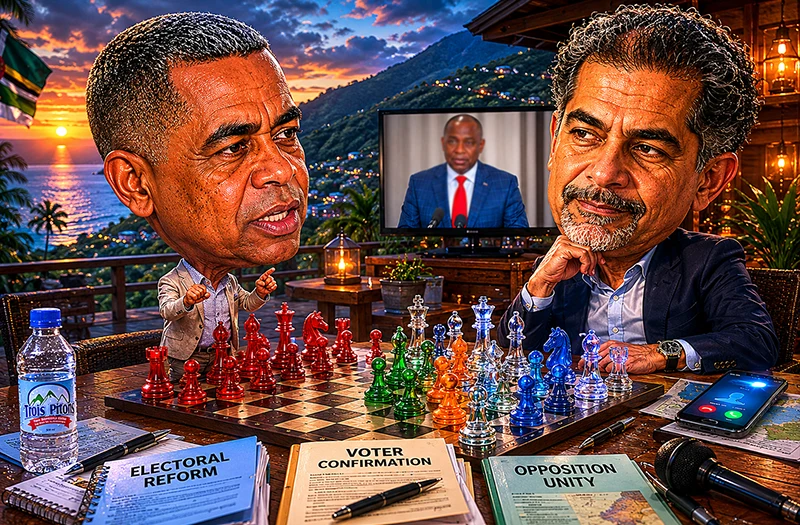 Political Caricature of Joshua Francis and Gregor Nassief with Oversized Heads, Elongated Necks, Tiny Hands, a Symbolic Chessboard, and Roosevelt Skerrit on Television