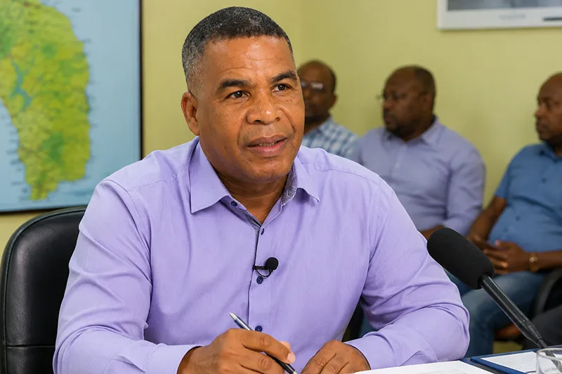 Joshua Francis speaks in a serious political discussion setting in Dominica as his party considers whether Roseau North will face a by-election or a general election.