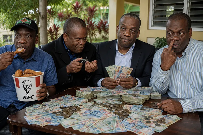 Photorealistic political satire showing four Dominican men seated together on a tropical porch. One eats KFC fried chicken, another clips his fingernails with a sly expression, a third handles large amounts of Eastern Caribbean currency, and the fourth is caught digging his nose. The scene is humorous, realistic, and set in a casual Dominican outdoor environment.