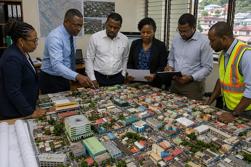 Officials and consultants in a Roseau office study a detailed 3D model of the city during consultation on planned infrastructure upgrades.