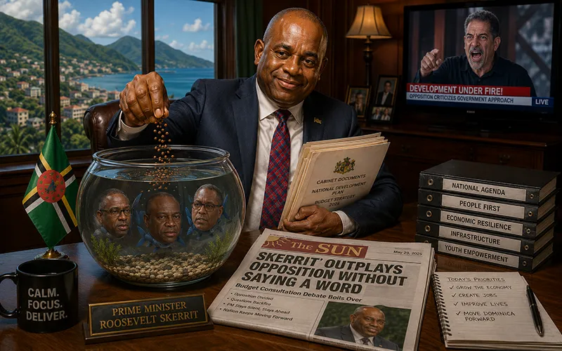 Hyper-realistic political caricature of Roosevelt Skerrit, Lennox Linton, and Thomson Fontaine around a symbolic chessboard in Dominica