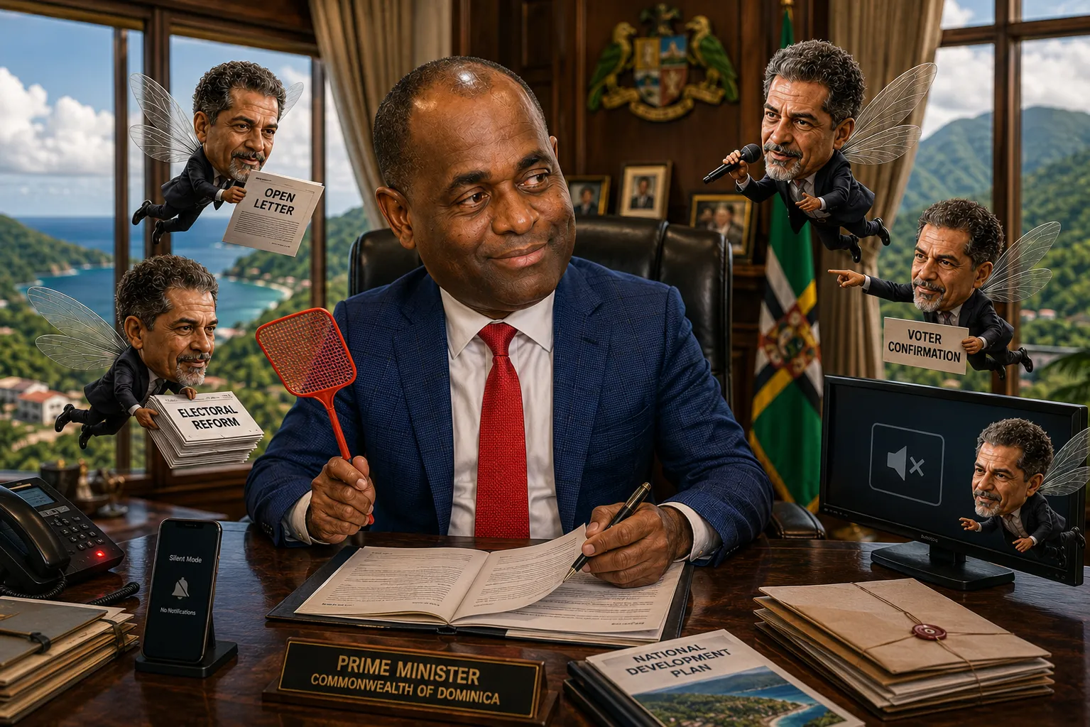 Hyper-realistic political satire of Prime Minister Roosevelt Skerrit ignoring five buzzing Gregor Nassief clones over electoral reform in Dominica