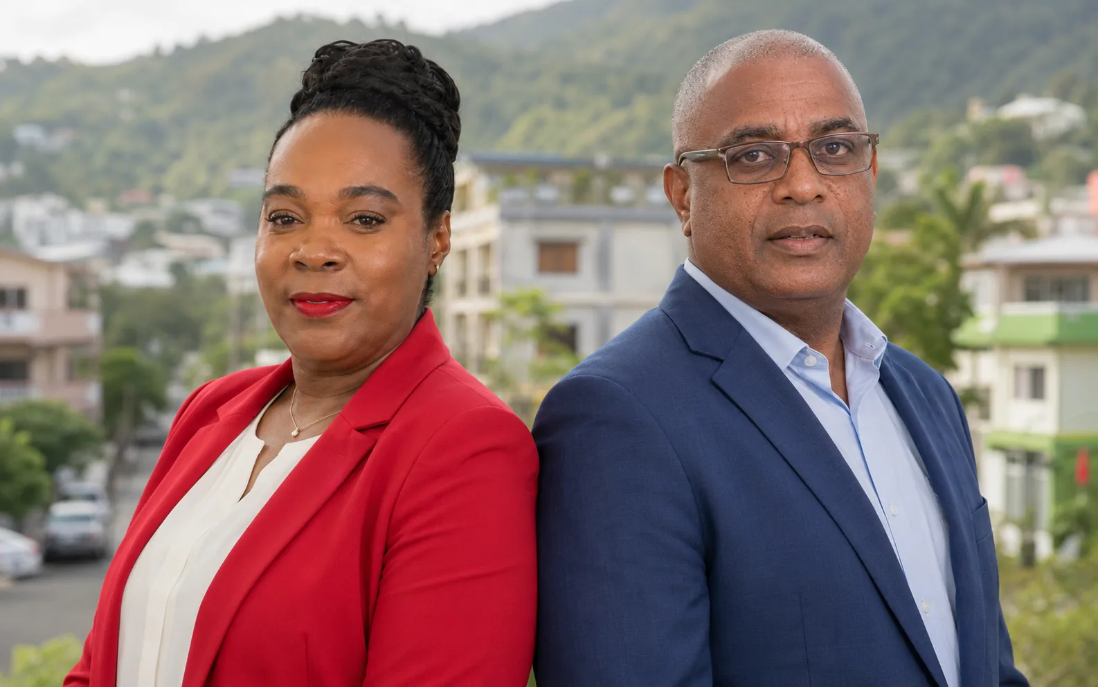 DLP candidate Ashma McDougall in red and UWP candidate Danny Lugay in blue stand back to back ahead of the Roseau North by-election.