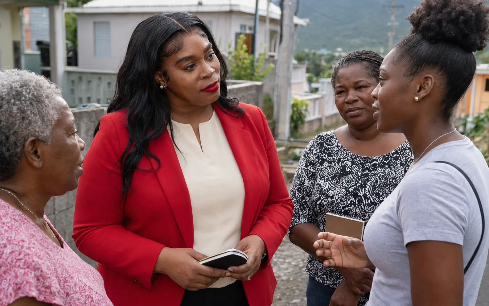Dominica Labour Party candidate Ashma McDougall speaks with residents during a campaign walkabout in the Roseau North constituency.
