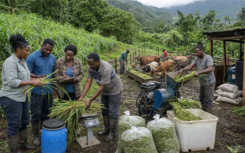 Dominican farmers and an agricultural technician harvest, chop and prepare locally grown forage for cattle, goats and sheep on a small hillside farm.