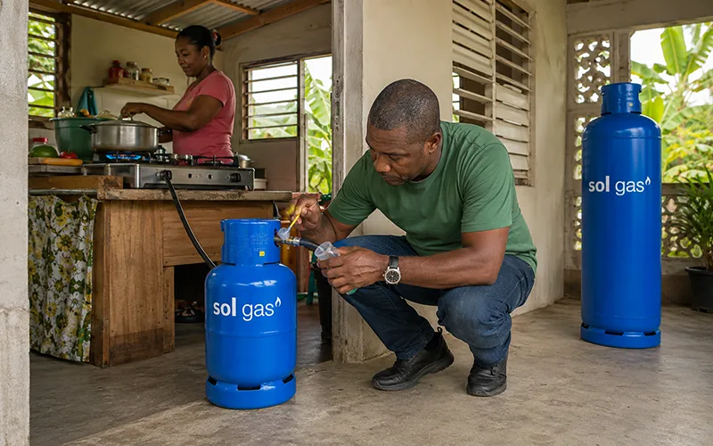 A Dominican householder checks the regulator on a blue SOL Gas cylinder while a family meal is prepared on the connected stove.