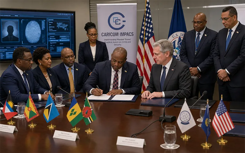 A Dominican representative signs a biometric data-sharing agreement with United States and Caribbean officials during a ceremony in Washington, D.C.