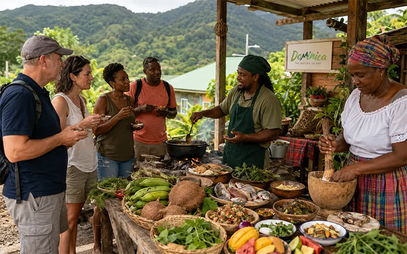 Visitors join Dominican cooks for a traditional food demonstration featuring local produce and island dishes in a rural community setting.