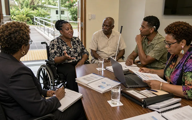 Persons with disabilities and public officers discuss accessibility and support priorities during a consultation in Roseau.