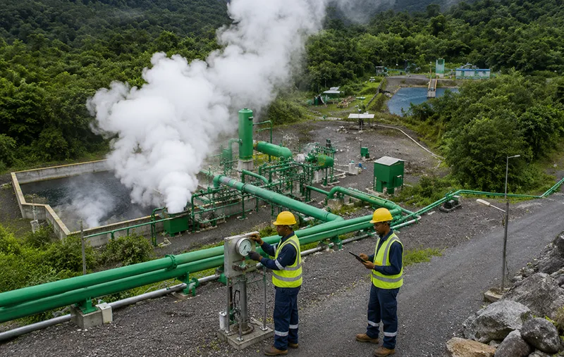 DGDC technicians monitor controlled steam discharge from the Separation Area of the Roseau Valley Geothermal Plant in Laudat.