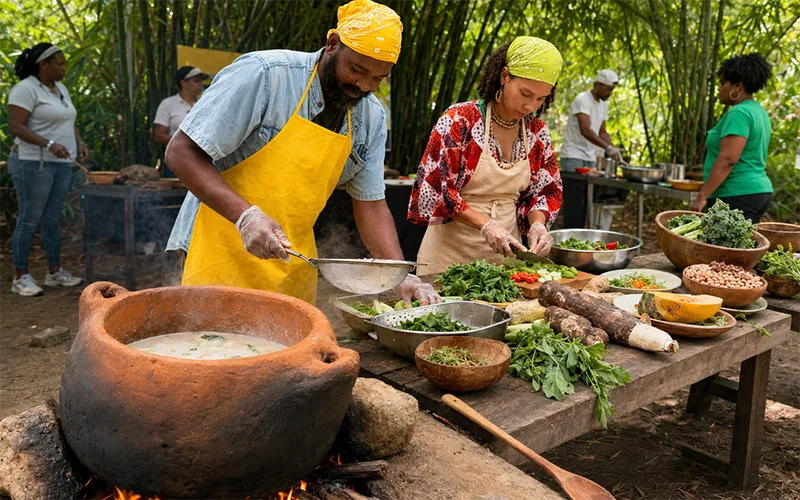 Starline Ital Kitchen cooking team prepares fresh ingredients at an outdoor competition in Dominica while a traditional reddish-brown clay pot simmers over a wood fire on the ground before them.