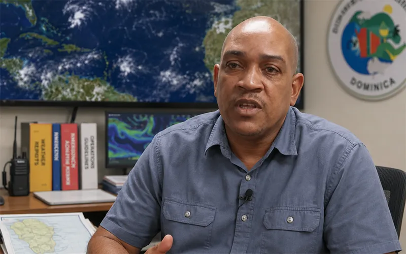 Disaster Management Coordinator Fitzroy Pascal discusses Atlantic cyclone activity from a monitoring office in Dominica.