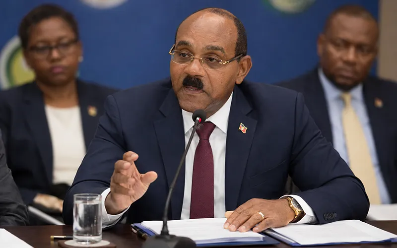 Antigua and Barbuda Prime Minister Gaston Browne speaks at a regional press conference about EU visa rules affecting CBI countries.