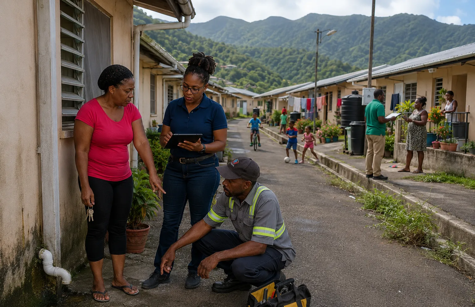 A resident discusses a maintenance concern with a housing officer and supervisor at an occupied government-supported housing development in Dominica.
