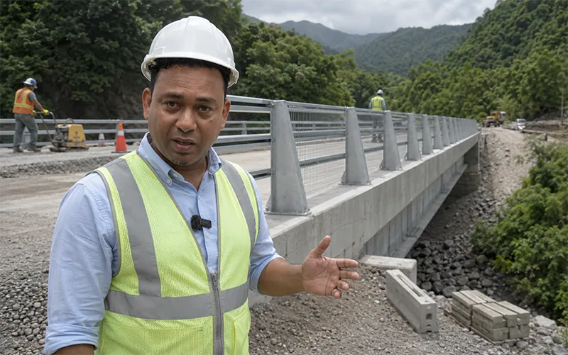 Jullan Defoe gives an on-site interview beside a nearly completed bridge along the Loubiere to Grand Bay road corridor in southern Dominica.