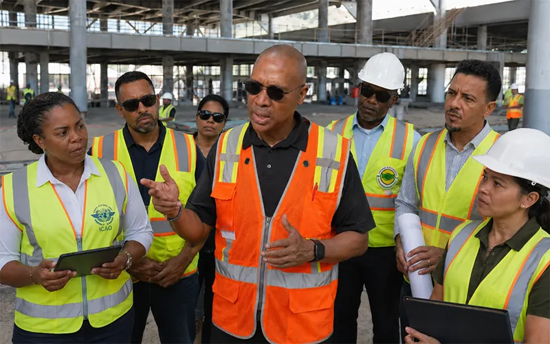 Samuel Johnson standing with ICAO and ECCAA inspectors during a technical site visit inside the unfinished Dominica International Airport terminal.