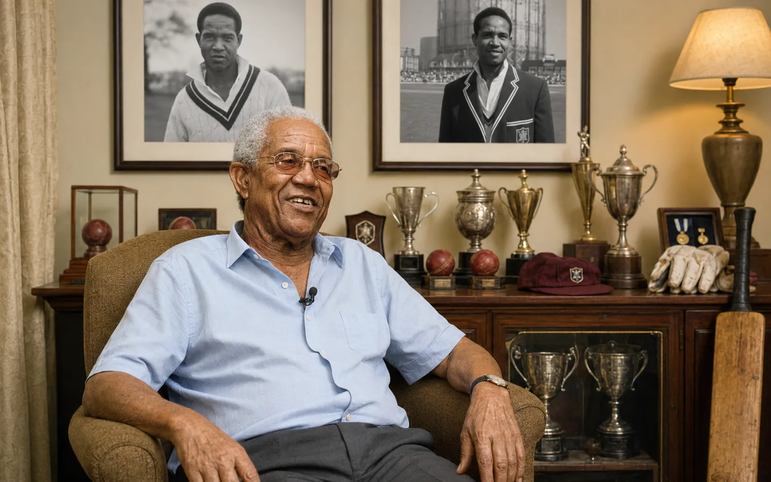 An elderly Sir Garfield Sobers sits in his private room during an interview, surrounded by cricket trophies, balls and framed photographs from his playing years.