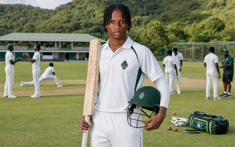 Dominican cricketer Stephan Pascal stands confidently with a cricket bat and green helmet at a Caribbean cricket ground as members of the senior men’s team prepare behind him.